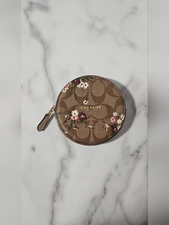 Coach Handbags - COACH Floral Signature Round Coin Pouch in Brown